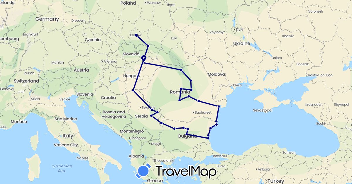 TravelMap itinerary: driving in Bulgaria, Hungary, Poland, Romania, Serbia, Slovakia (Europe)